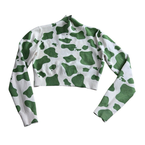 Zara Crop Sweater Sz Small Green Cream Cow Print Mock Neck Top Long-Sleeve - Picture 6 of 7